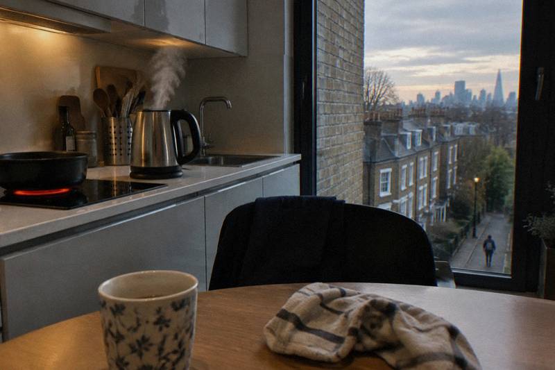 Kitchenette with hob and steaming kettle in an aparthotel at evening