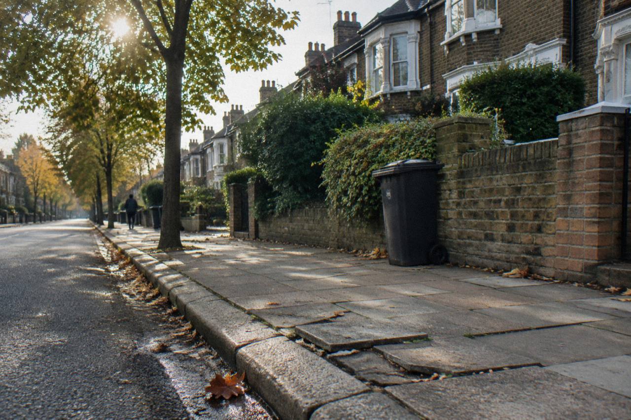 North London street in autumn midmorning, stock brick terraces and chimney pots under low sun
