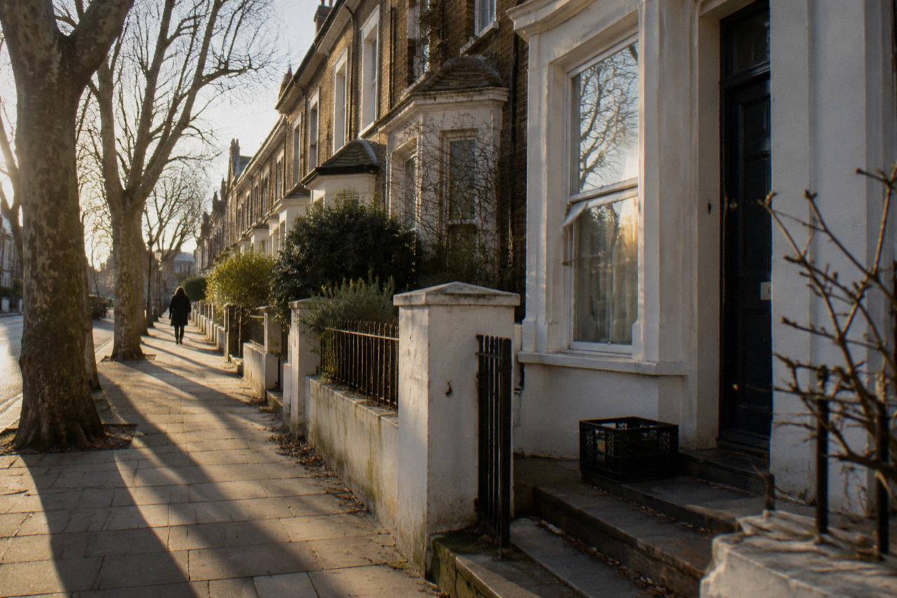Stuccoed terrace in Camden under low winter sun, plane shadows across the pavement
