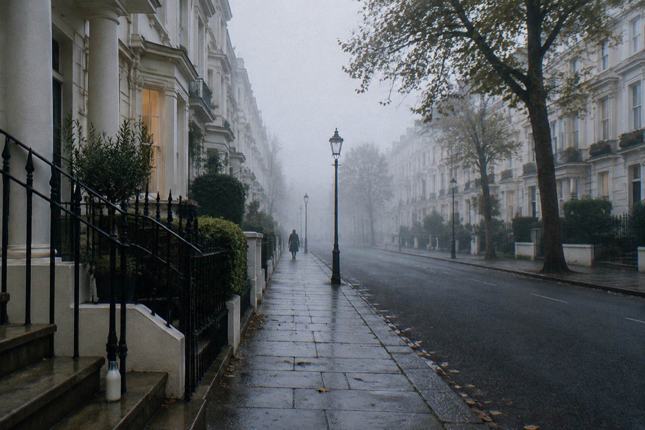 Bayswater street at misty dawn, cream stucco terraces fading into fog behind plane trees