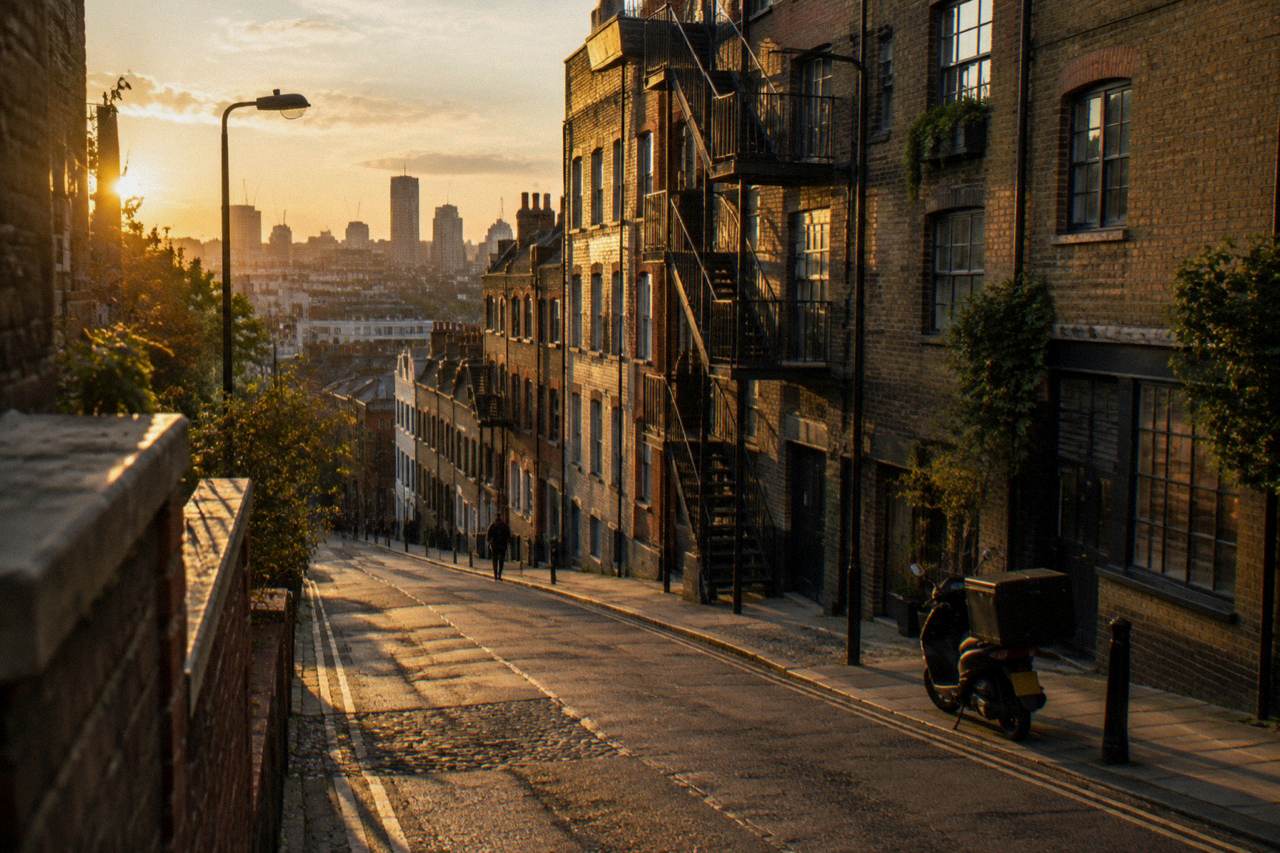 Hoxton street in east London at golden hour, warehouse terraces with iron fire escapes