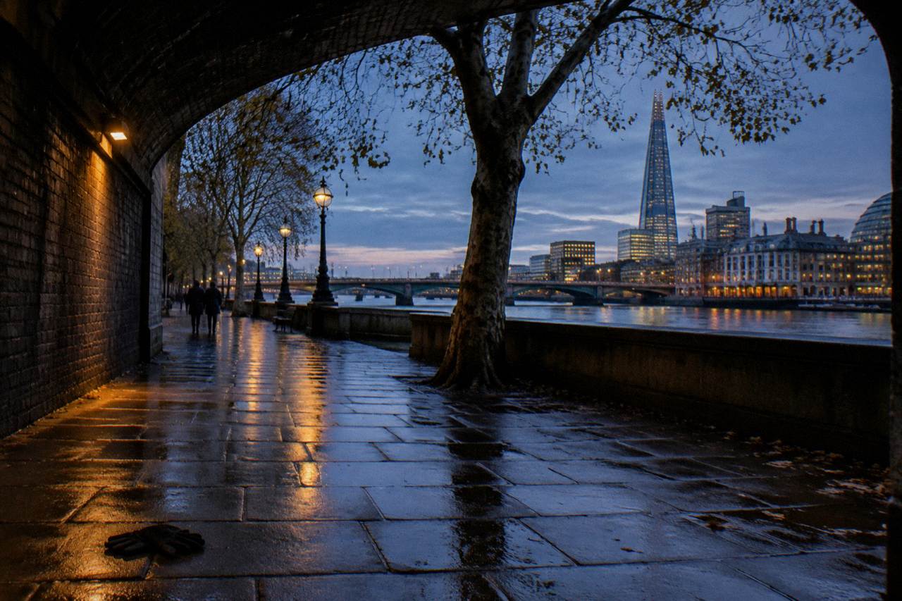 Wet street beyond a railway arch in Borough at blue hour, brick windows lit amber