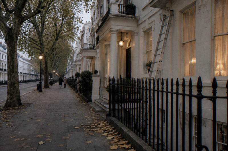 Lamps glowing along a cream stucco terrace near Paddington on a grey October evening