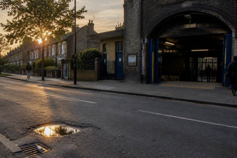 Low sun on a Victorian terrace by the station archway in Forest Gate