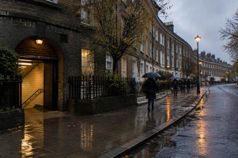 Wet dusk street outside a Camden station entrance with blurred pedestrians sheltering under umbrellas