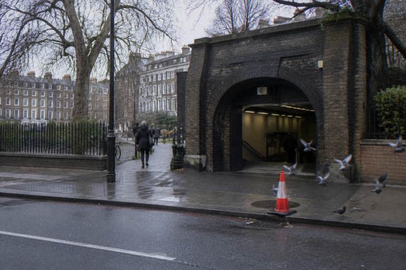 Wet pavements and pigeons outside the station archway near King's Cross in February