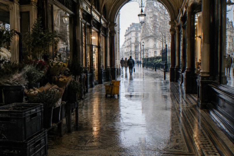 Mosaic paving and a flower stall in a Victorian shopping arcade near Victoria station