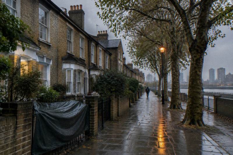 Drizzly Rotherhithe street in south London with damp yellow brick terraces reflecting an amber streetlamp