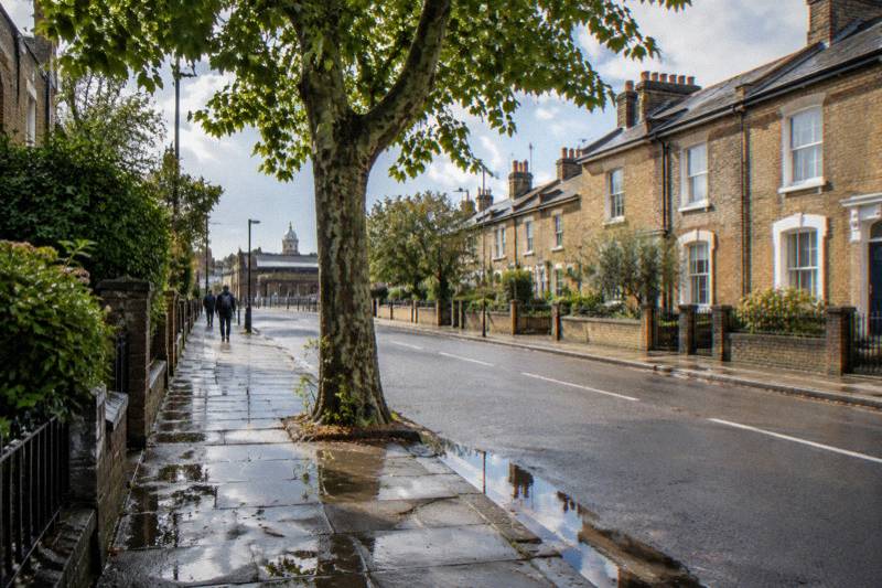 Sunlit yellow brick terraces on a quiet Greenwich side street after a passing shower