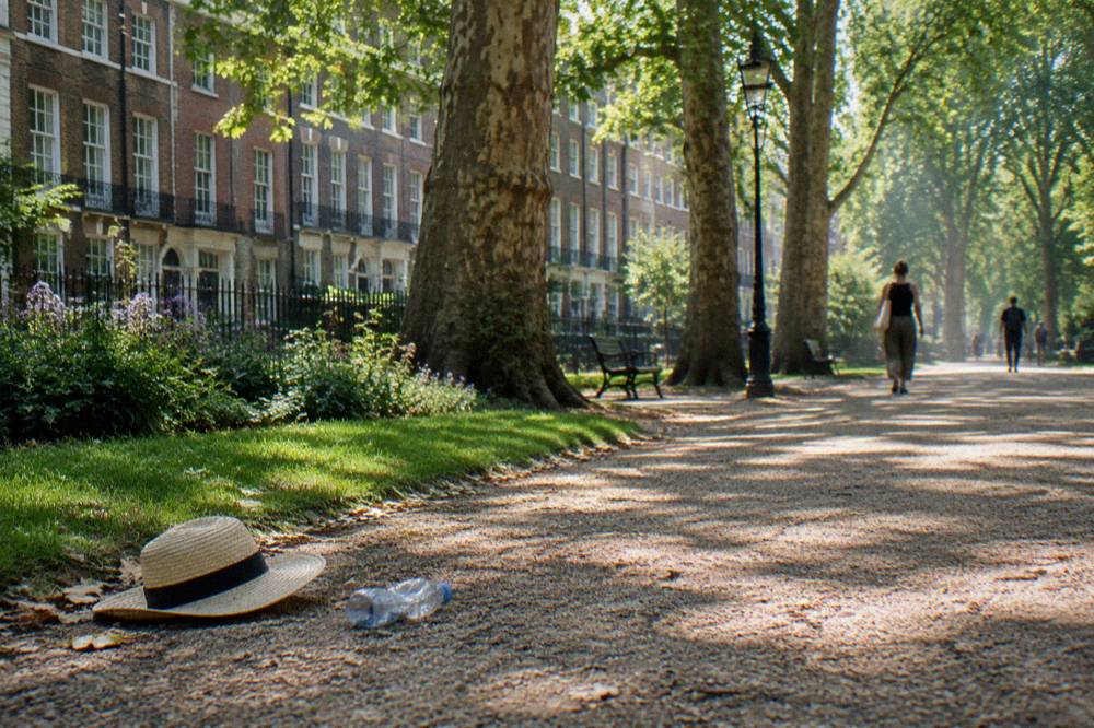 A London park path with plane trees in full leaf beside a row of brick facades