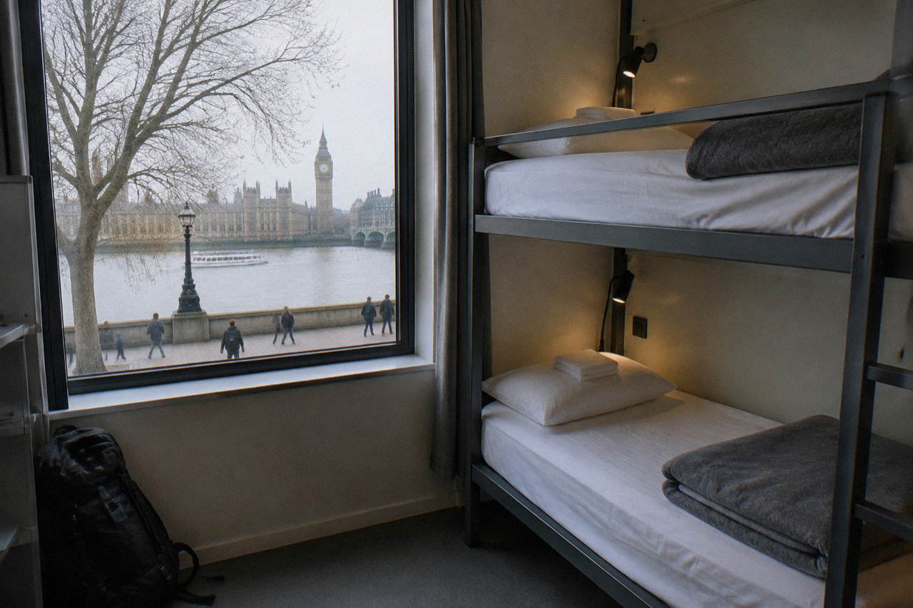 Bunk beds in a clean hostel dorm room with folded blankets and personal reading lights