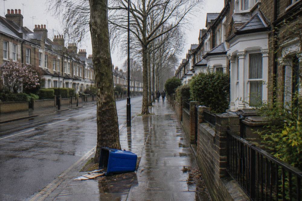 A narrow London residential street with terraced brick facades and plane trees