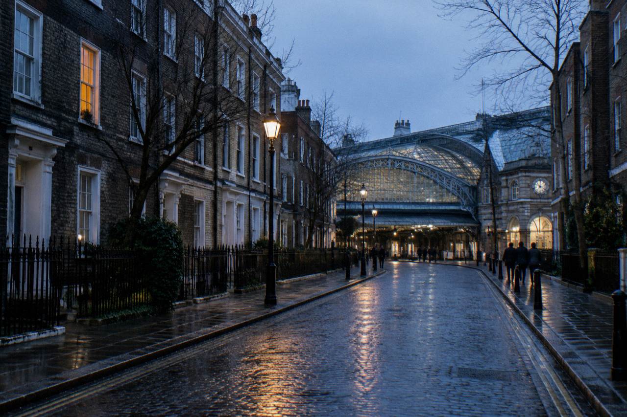 A London street of terraced facades near a station at dusk