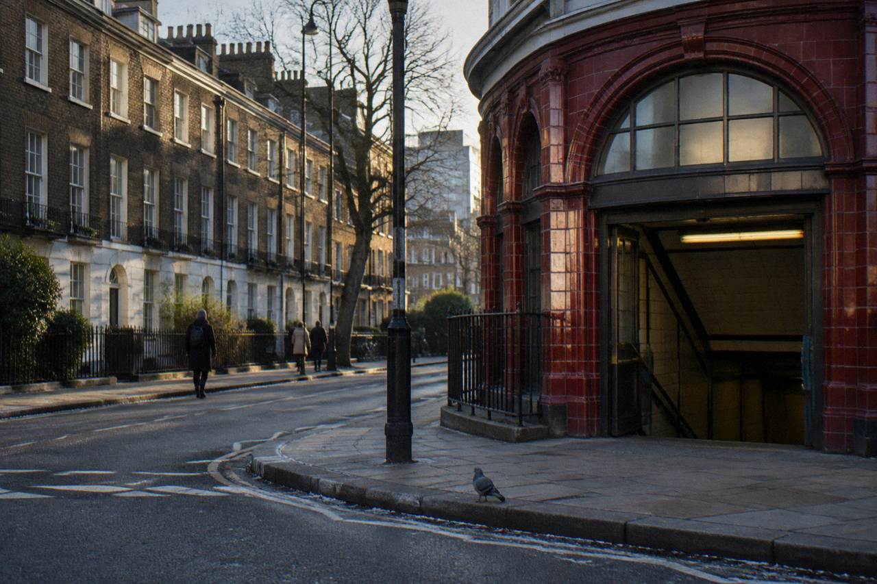 A London street of brick townhouses with a Underground station entrance at the corner