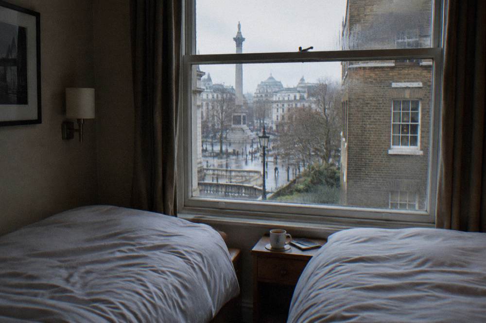 A twin hotel room with two single beds and a bedside table between them