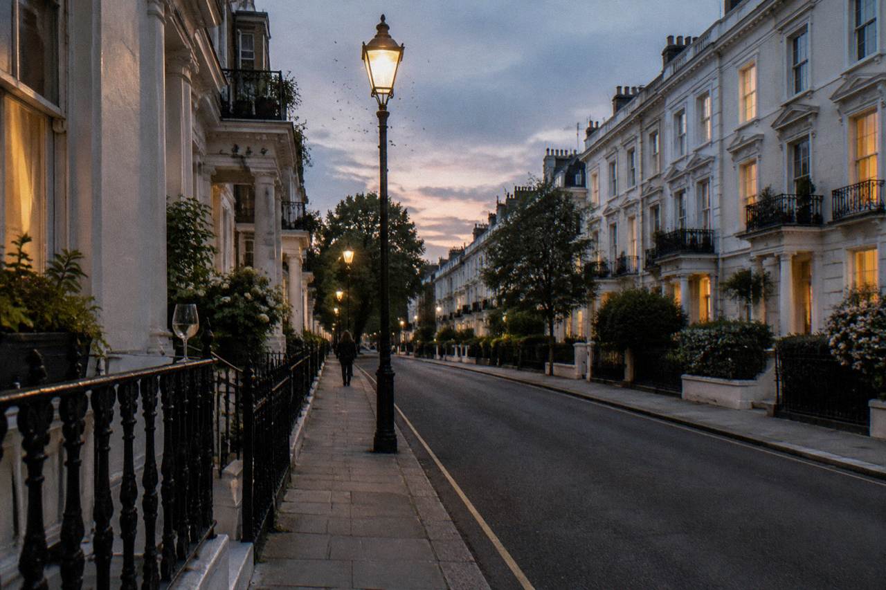 A London street of tall stucco terraces at dusk with a row of lit lampposts