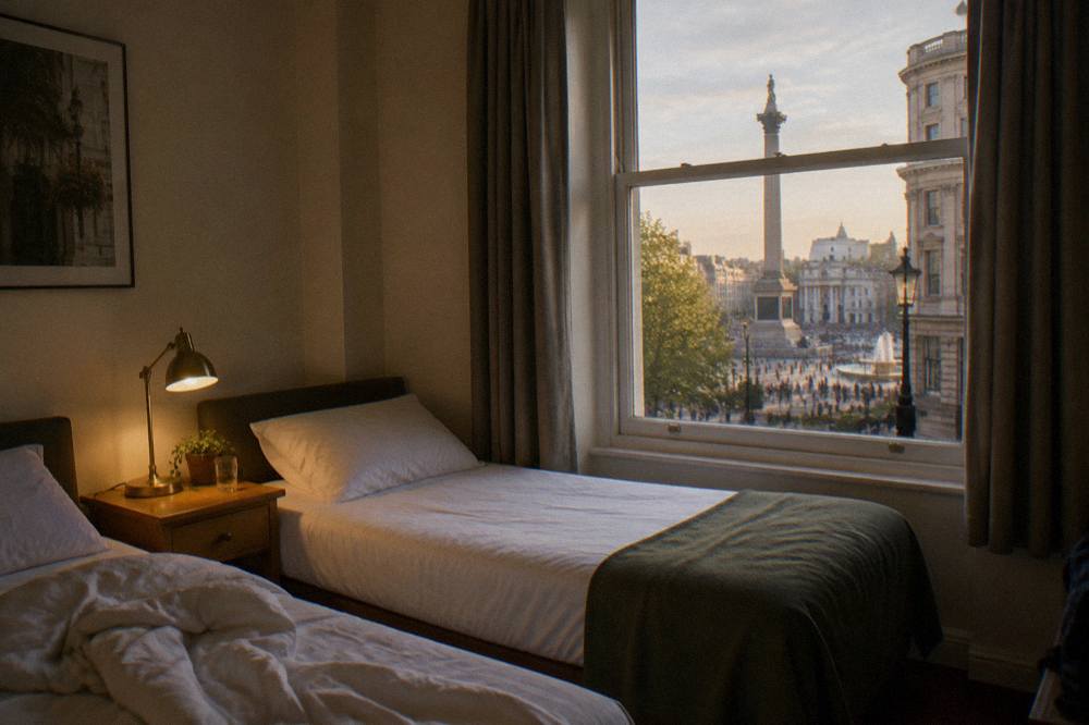 A hostel private twin room with two single beds, bedside light and plain bedding