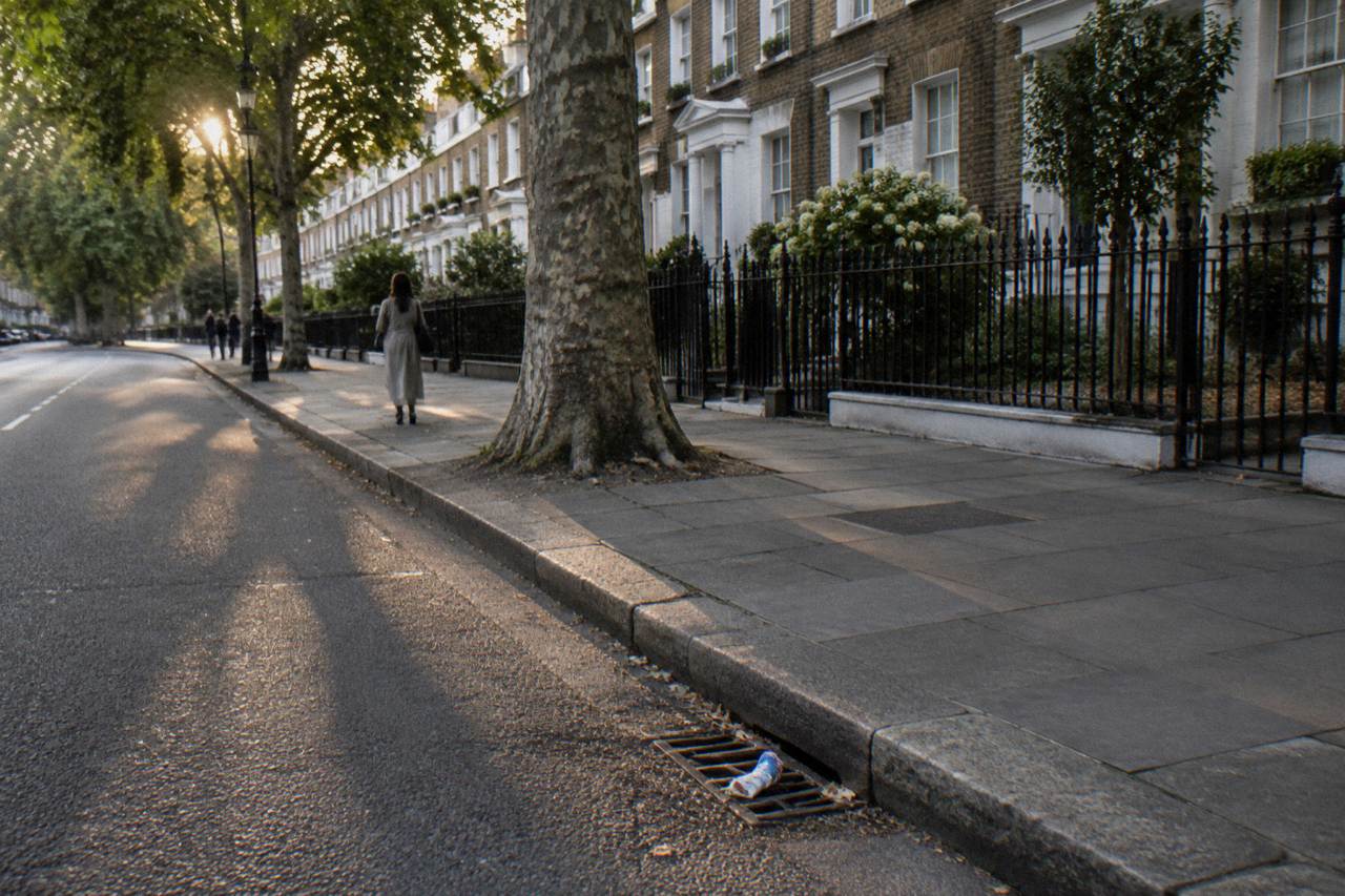 A quiet London residential street of brick terraced houses in early evening light