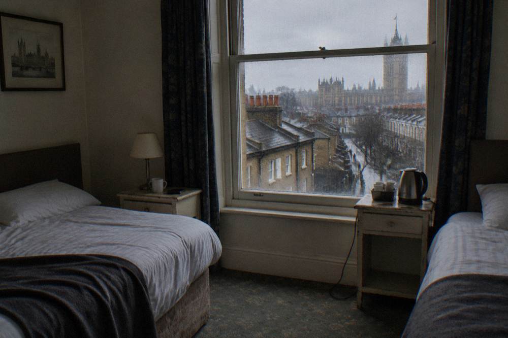 A twin hotel room with two single beds and bedside tables by a window