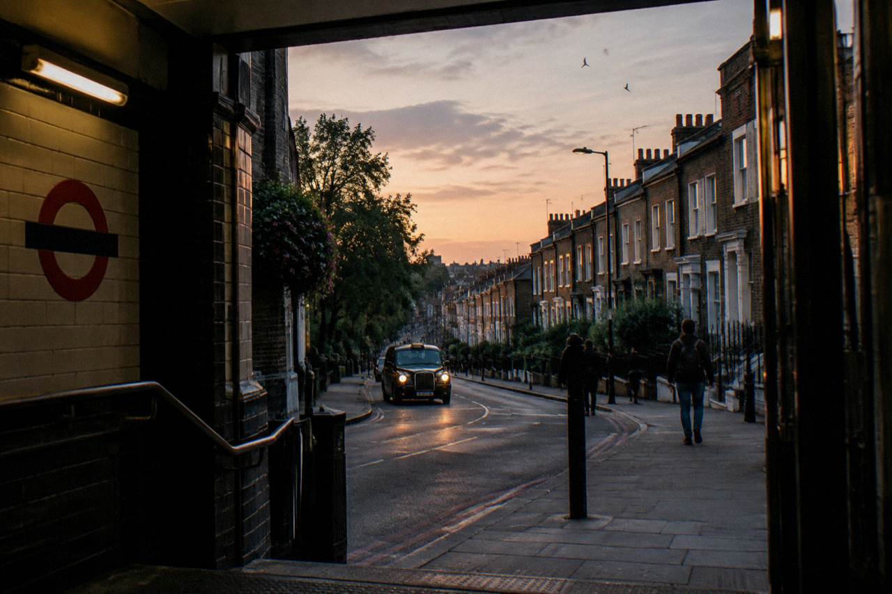 A London street of terraced houses at dusk with a Underground station entrance at the corner