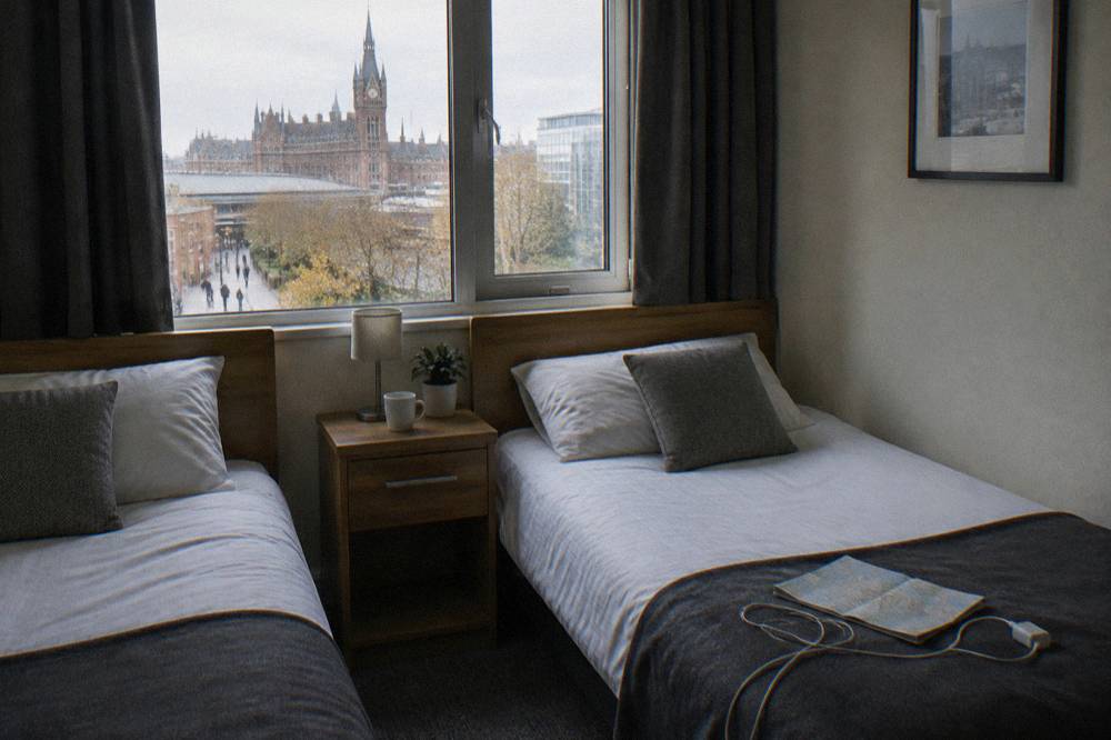 A twin hotel room with two single beds and a bedside table between them