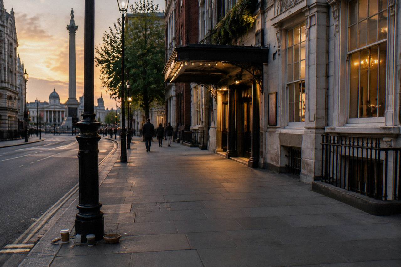 A narrow central London street with theatre-style frontages and evening light on the pavement