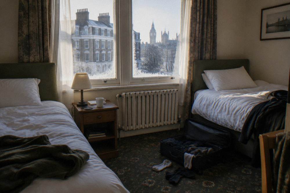A twin hotel room with two single beds and a small bedside table between them