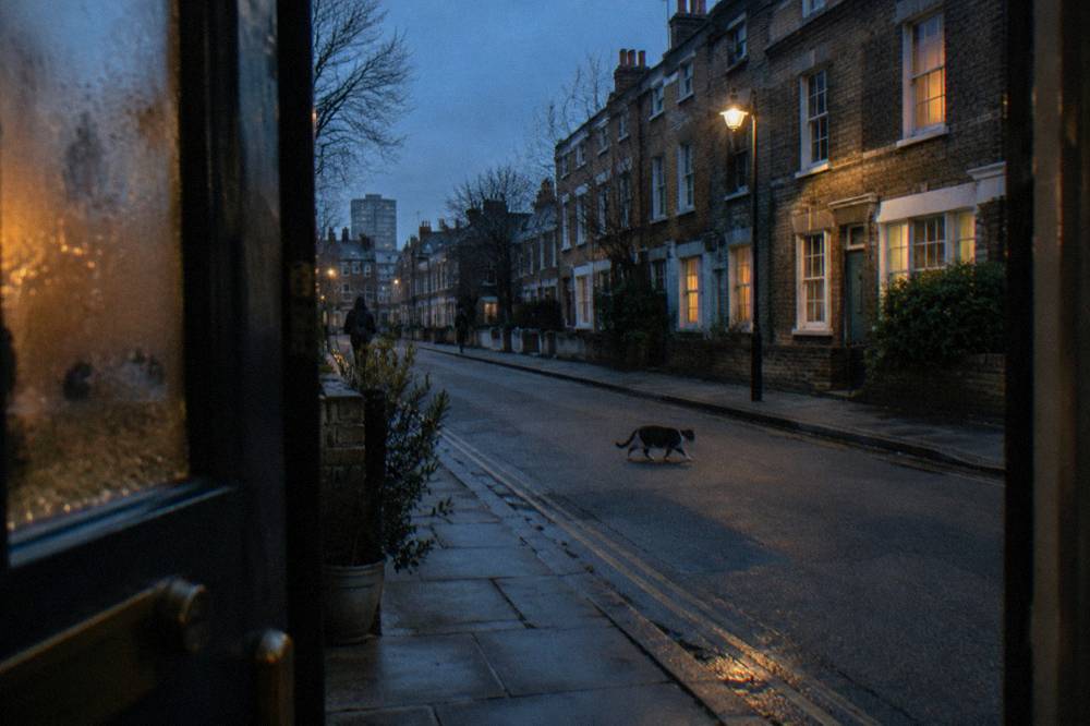 A narrow east London street of brick terraced houses at dusk