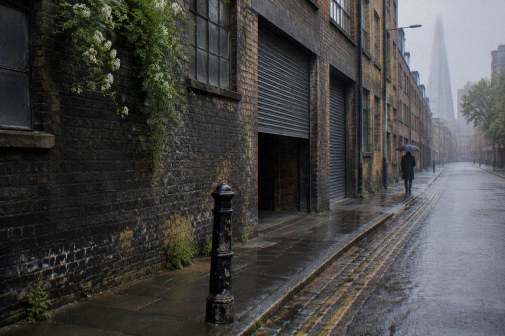 A narrow East London street of brick warehouses and shuttered shopfronts