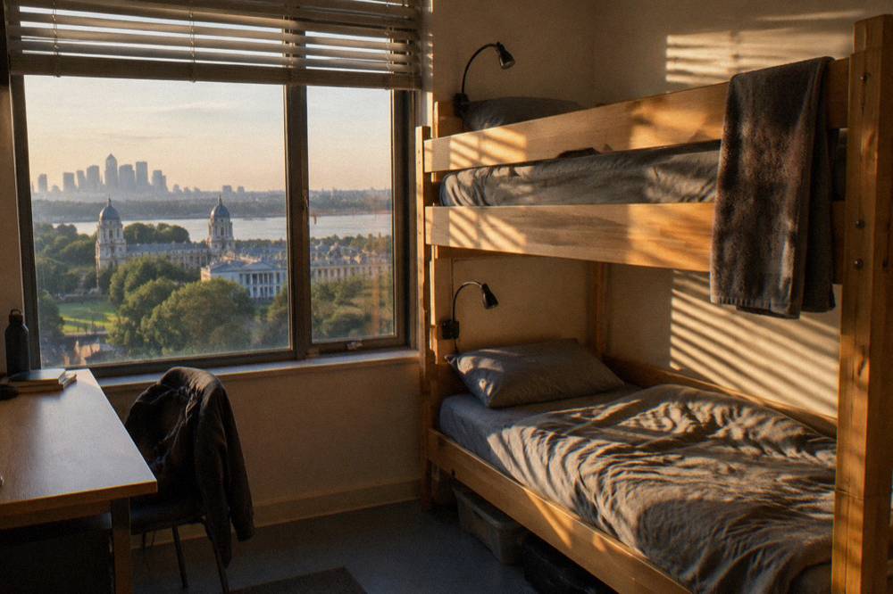 A bunk dorm room with wooden frames, reading lights and grey bedding
