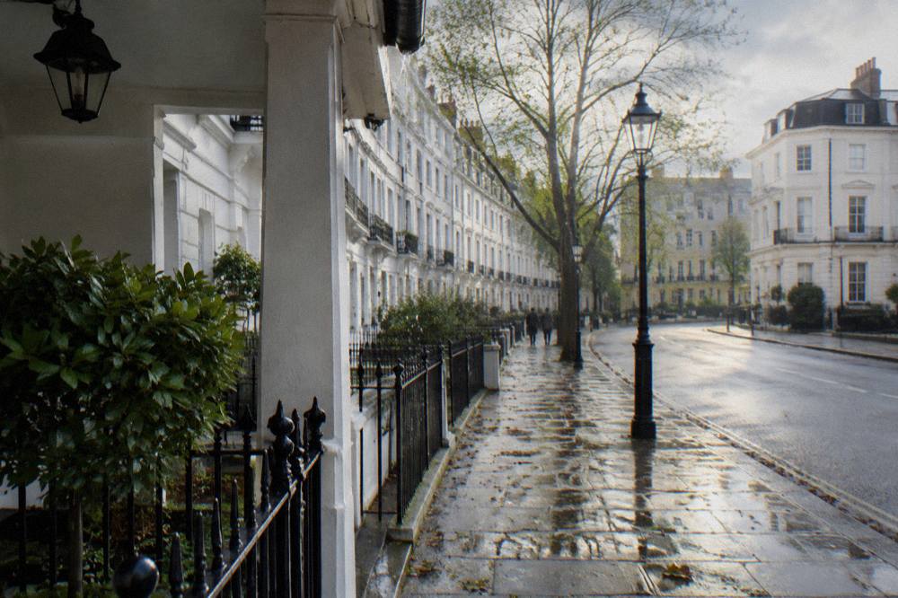 A row of London terraced townhouses with white stucco facades along a quiet residential street
