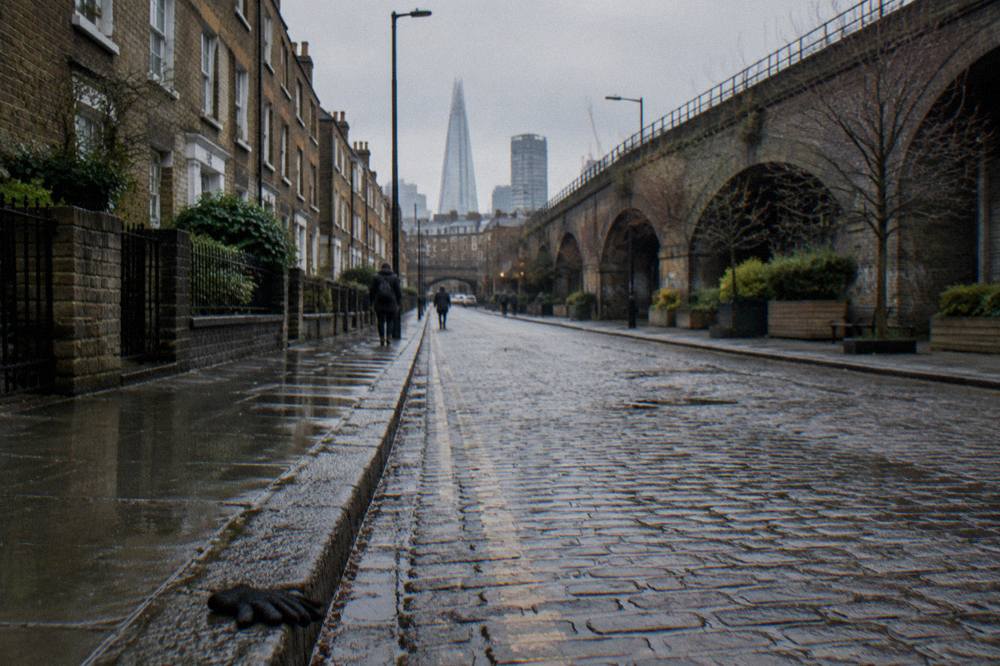 A London street of brick terraced buildings near a railway viaduct on a grey day