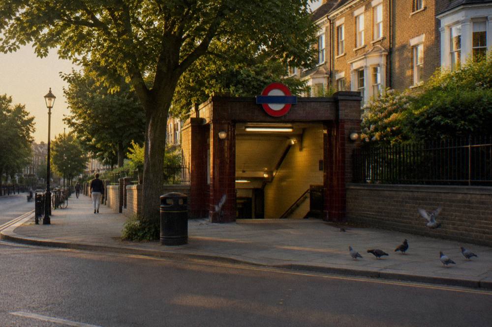 A London Underground station entrance on a corner of a tree-lined street