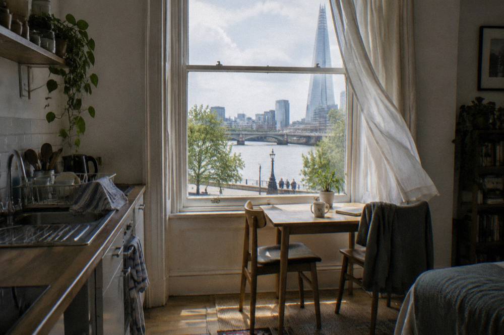 A studio room with a small kitchenette, table and two chairs beside a window