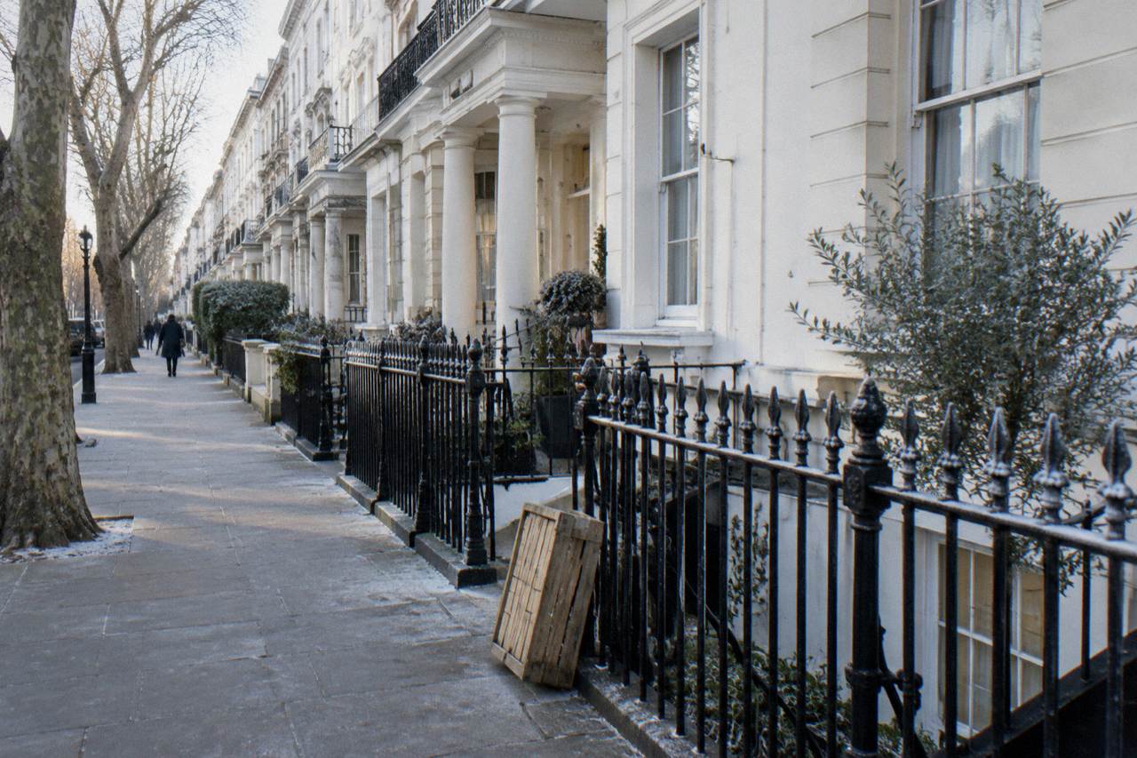 A quiet London residential street lined with white stucco townhouses and plane trees