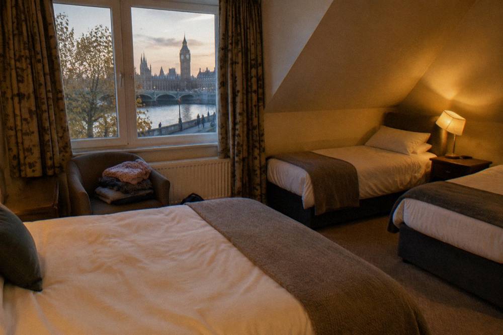 A hotel family room with a double bed and two single beds and a bedside lamp