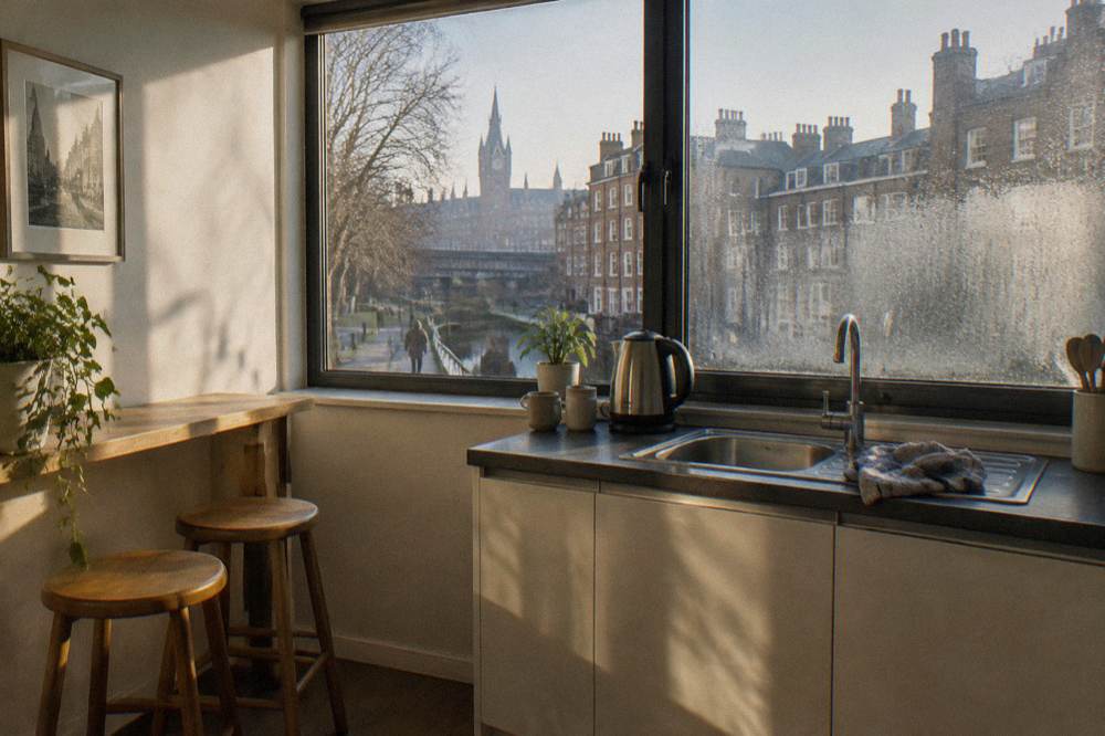 A studio kitchenette with a counter, kettle and two stools beside a window