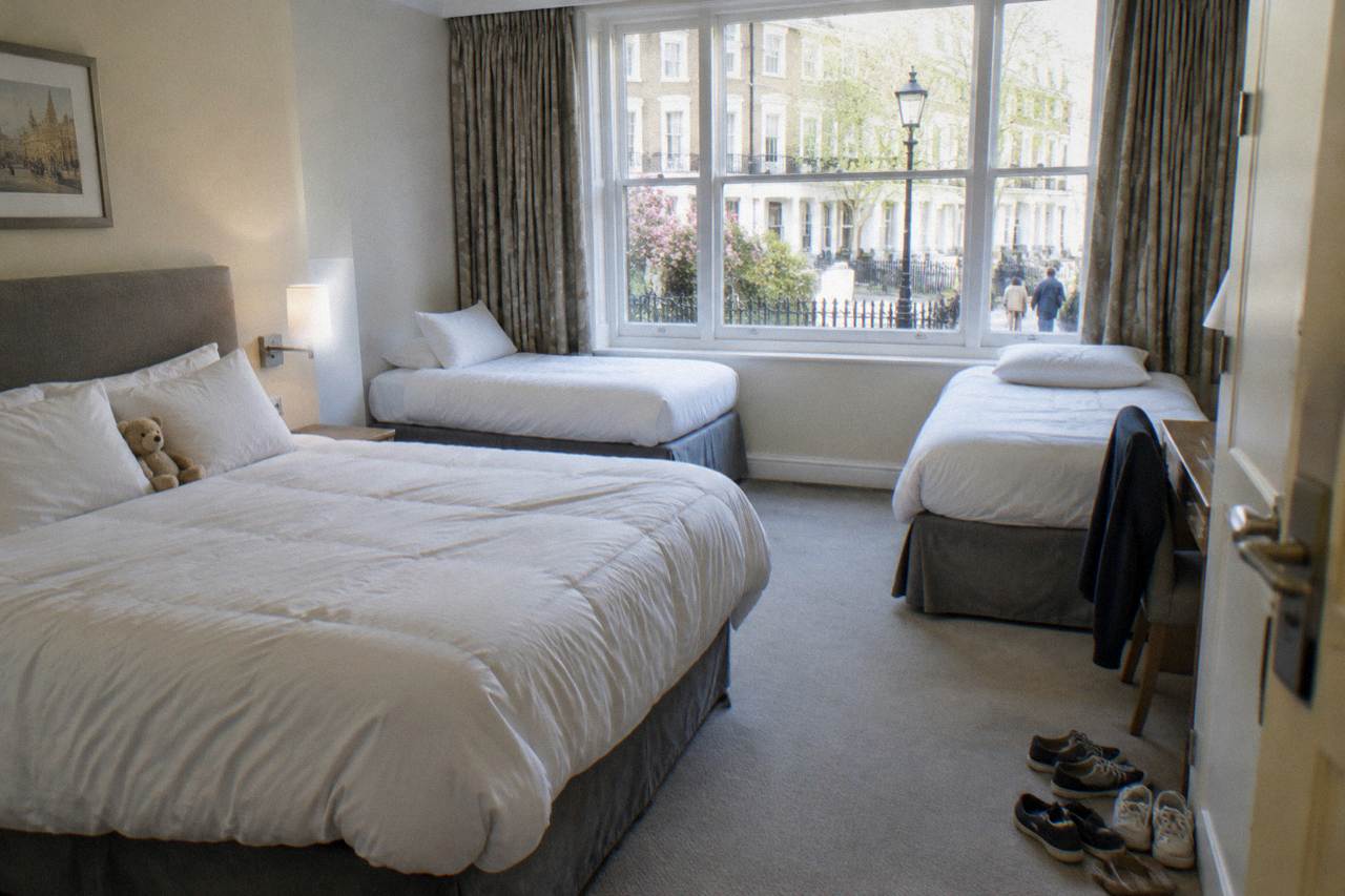 A bright family hotel room with a double bed and two single beds beside a window