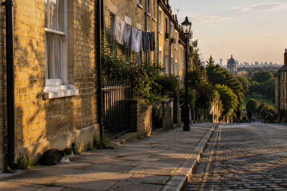 A narrow London street of brick terraced houses in early evening light