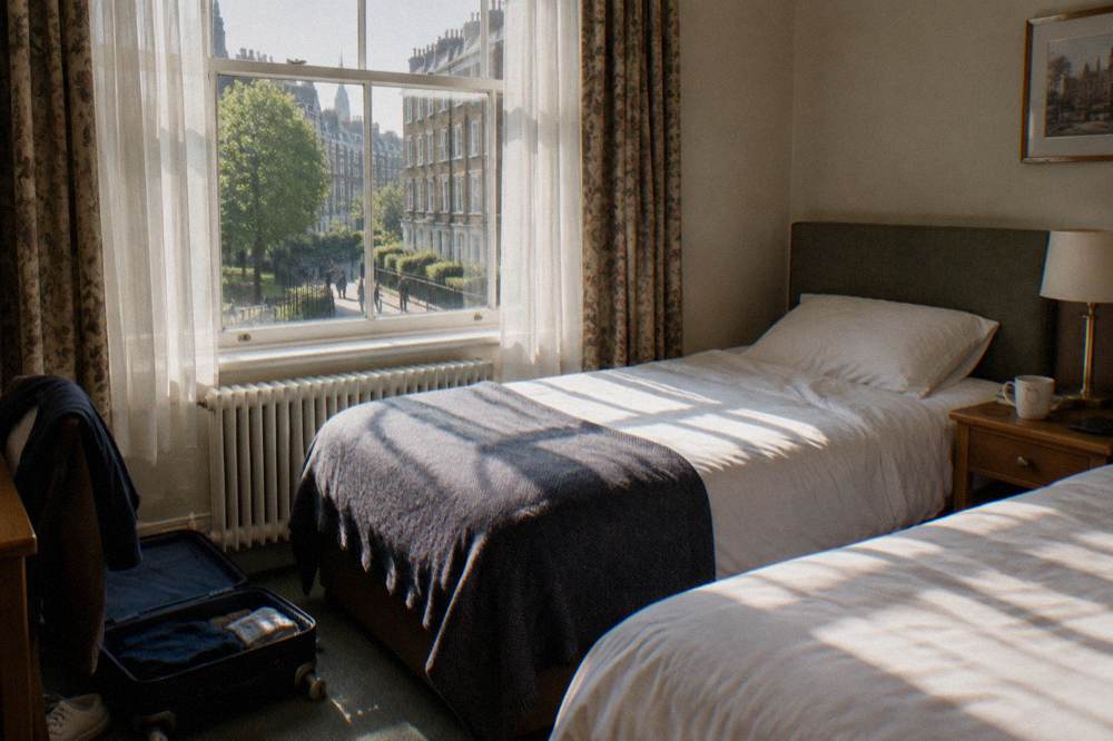 A twin hotel room with two single beds and a bedside table
