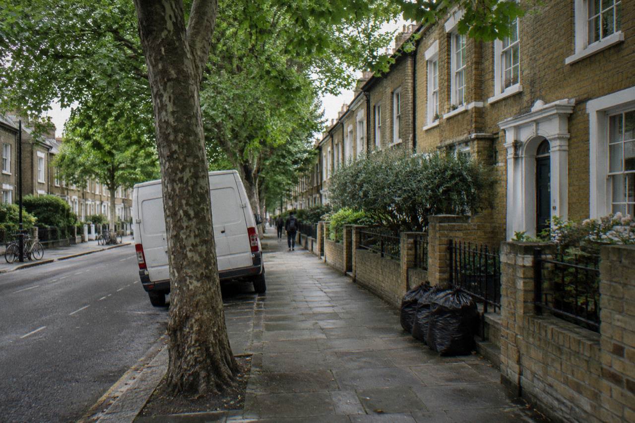 A London street of low brick terrace buildings beneath tall plane trees