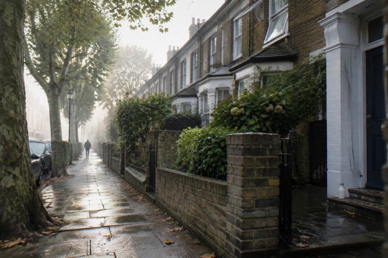 A quiet London residential street with terraced houses and plane trees in morning light