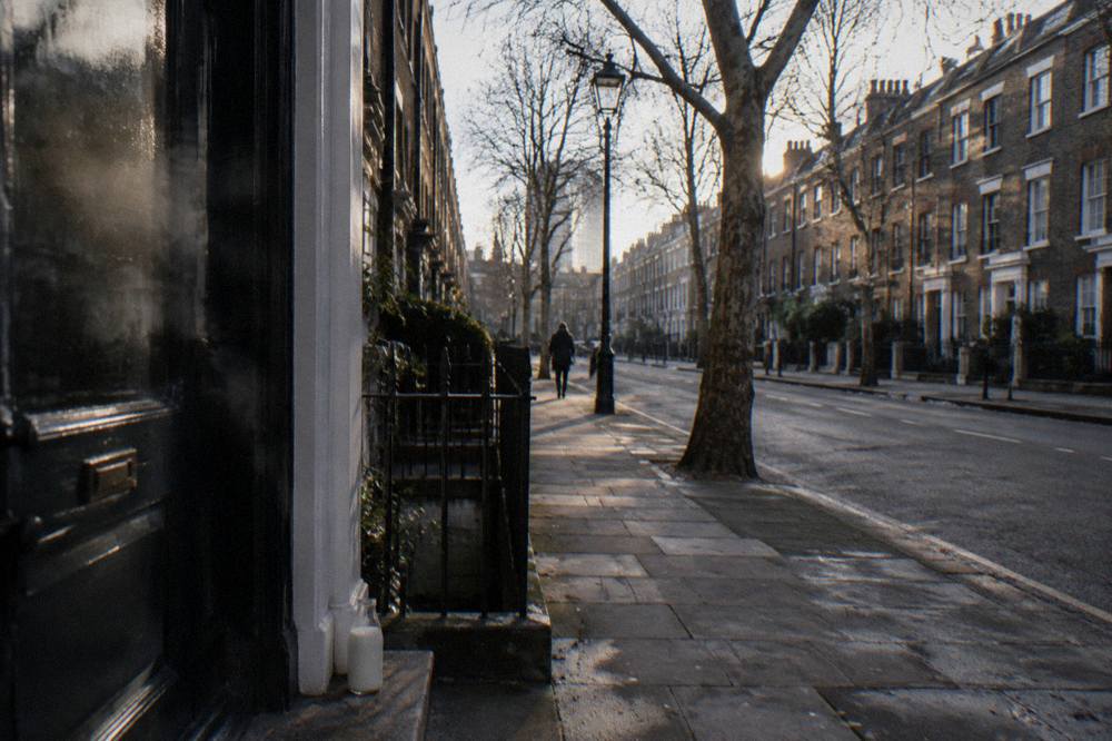 A narrow London residential street with brick facades and bare winter trees in morning light