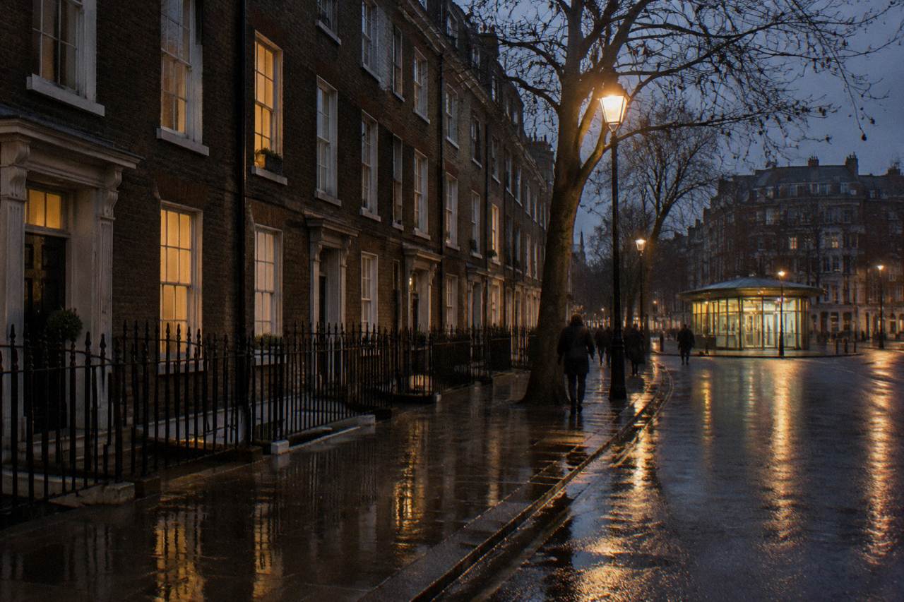 A London street of brick townhouses at dusk with a lit station entrance at the corner