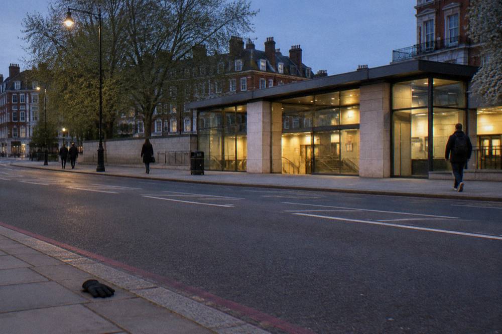 A London Tube station exterior on a main road at twilight