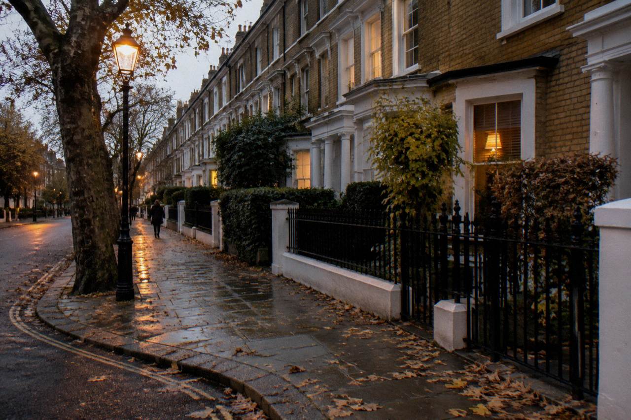 A quiet London residential street at dusk with terraced houses and street lamps