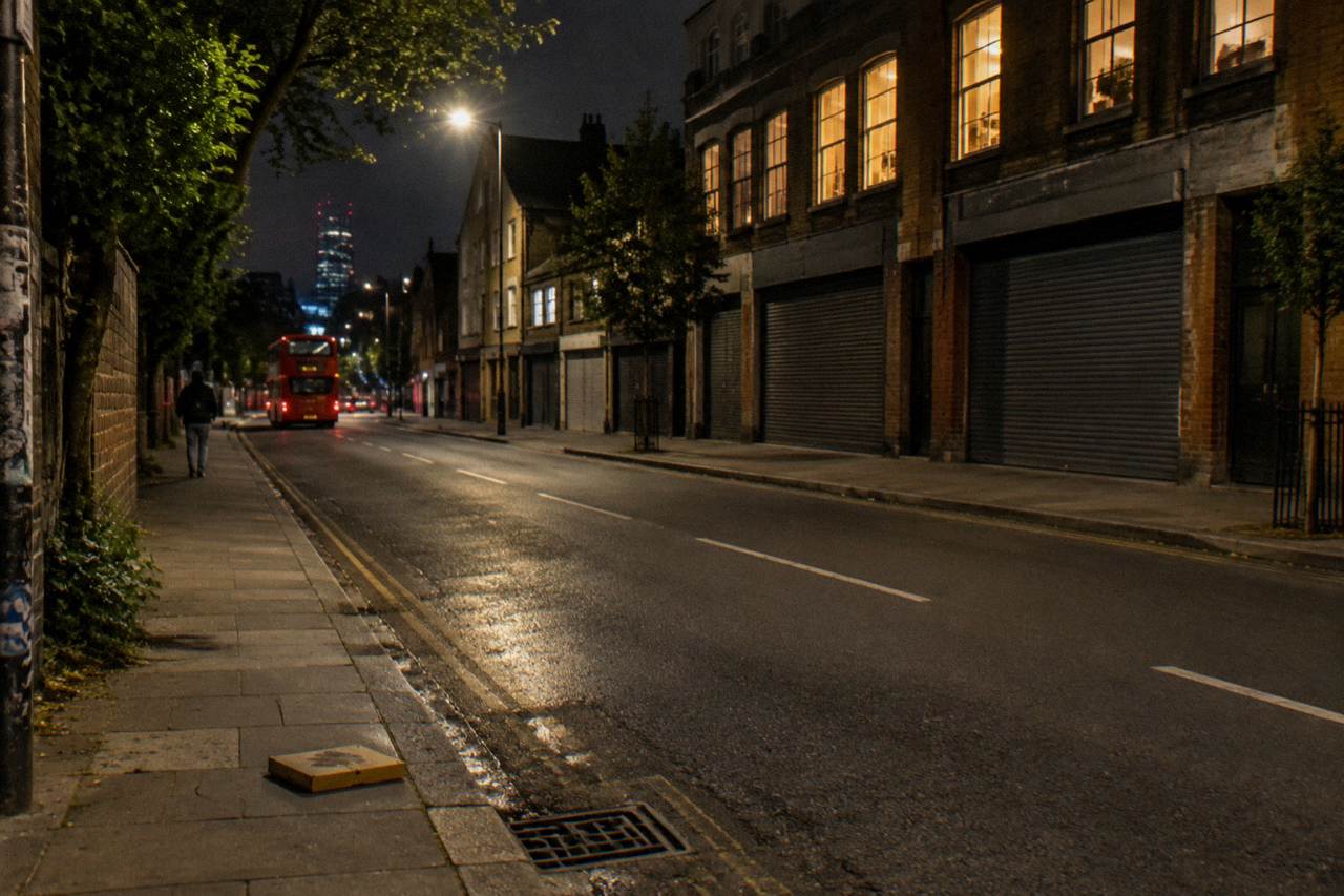 A quiet London street at night with lit windows above shuttered shopfronts