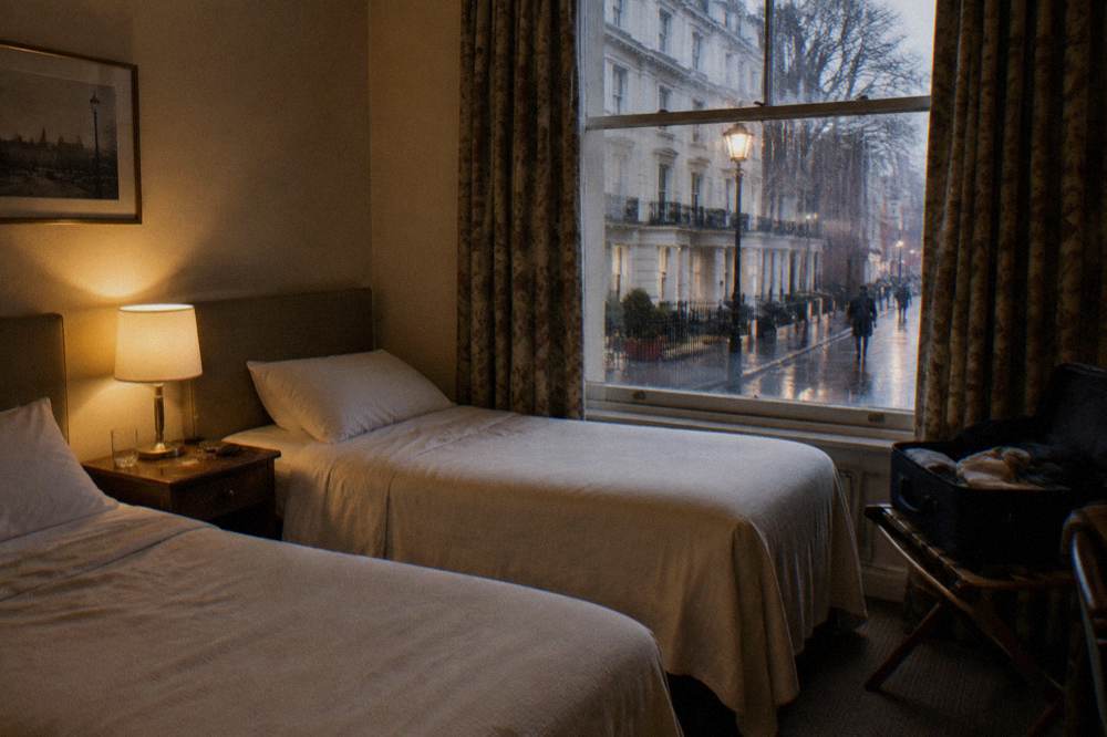 A small hotel twin room with two single beds, bedside table and window