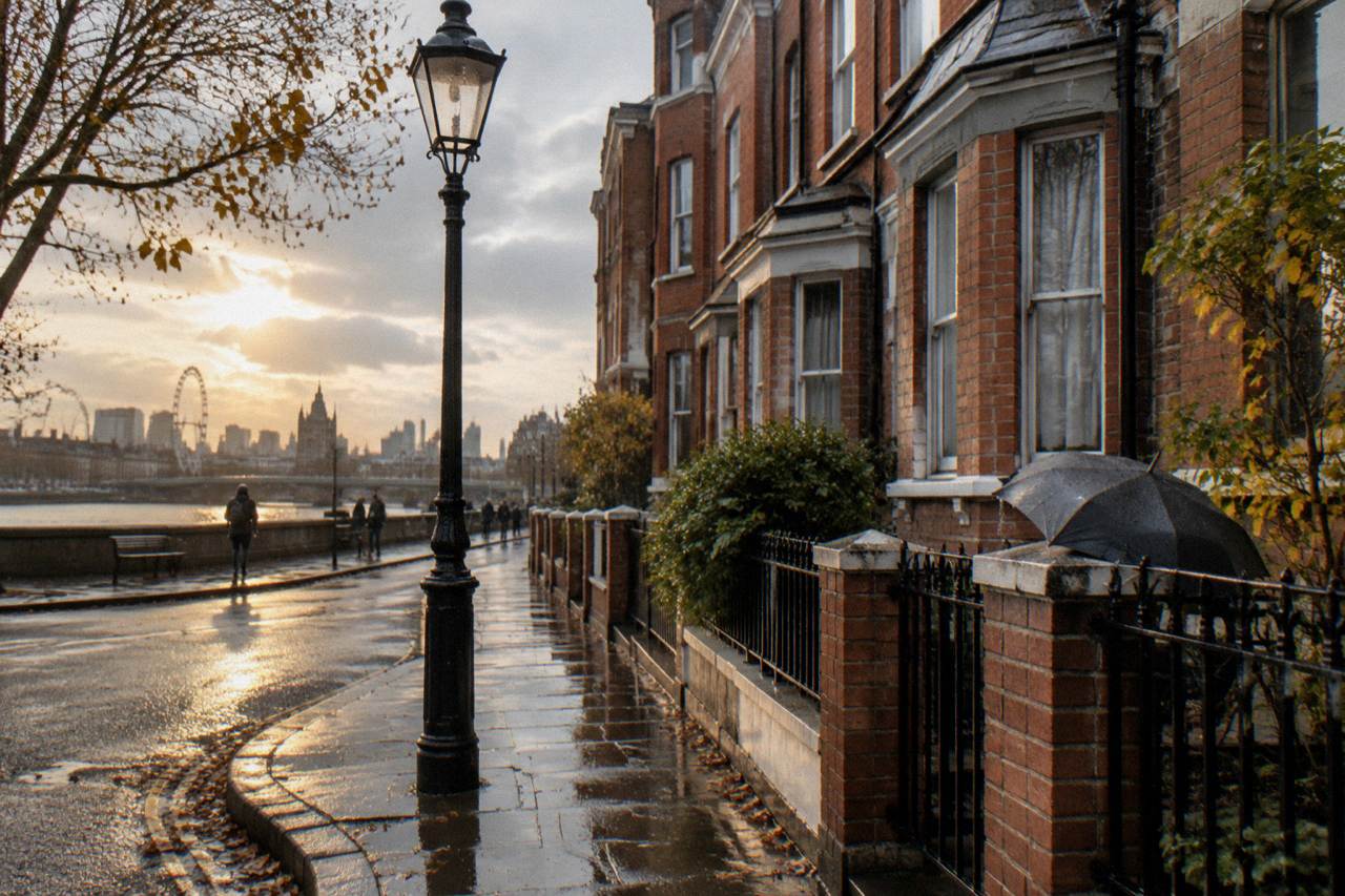 A quiet London street corner with a red brick terrace and a lamppost in daylight