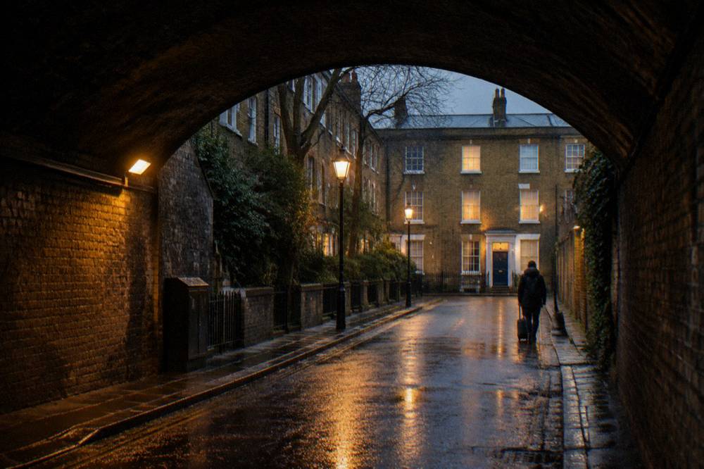 A narrow London street with a railway bridge and brick buildings at dusk